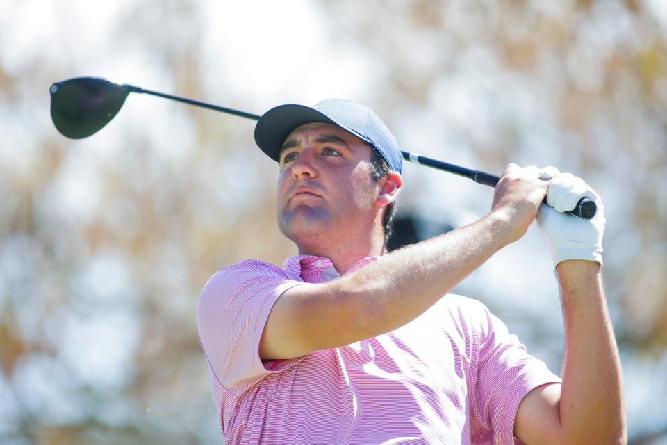 Mar 27, 2022; Austin, Texas, USA; Scottie Scheffler tees off on the 6th hole during the final round of the World Golf Championships-Dell Technologies Match Play golf tournament.