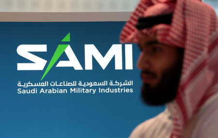 Saudi Arabian Military Industries (SAMI) logo is seen during the International Defence Exhibition & Conference (IDEX) in Abu Dhabi, United Arab Emirates February 17, 2019. REUTERS/Christopher Pike