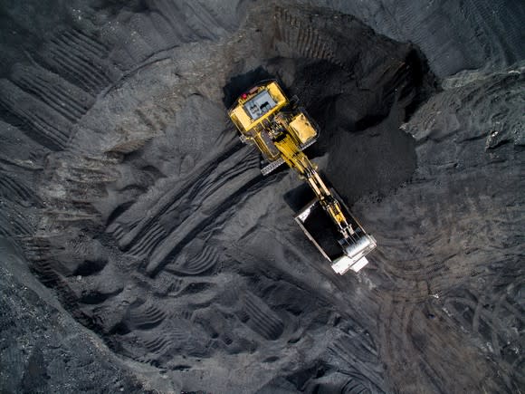 Overhead shot of excavator in coal mine.