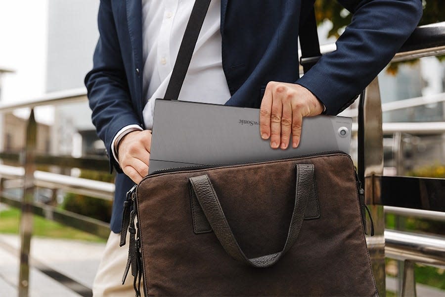 Pair your laptop with a second display – that’s about the same size – for a dual-screen setup, whether you’re in a hotel room, at home, in the office, or a shared workspace environment. And they fit right in your laptop bag.