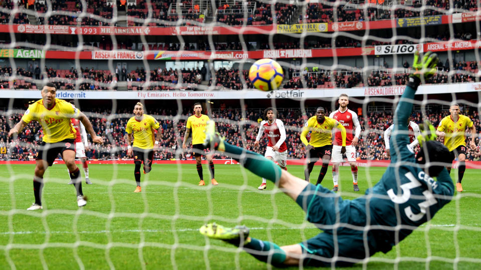 Petr Cech made his first penalty save for Arsenal against Watford to deny Troy Deeney.