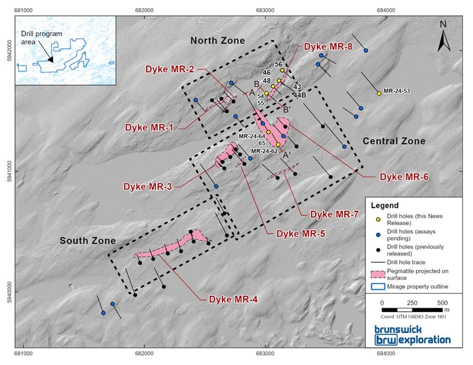 Surface Map of the Lac Escale (Mirage Project) and Drill Holes Completed to Date