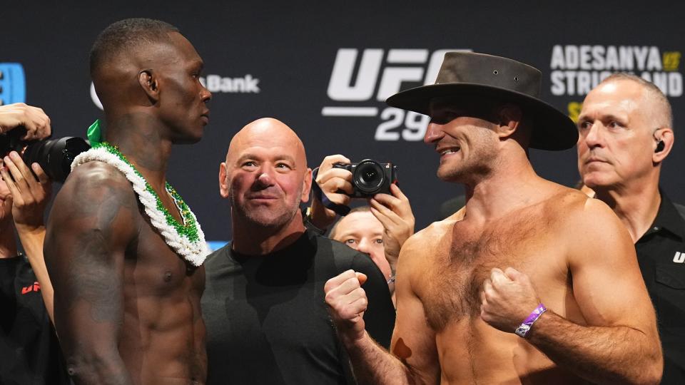  Opponents Israel Adesanya of Nigeria and Sean Strickland face off during the UFC 293 ceremonial weigh-in at Qudos Bank Arena on September 08, 2023 in Sydney, Australia.  