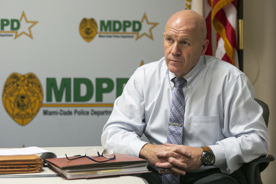 In this Feb. 11, 2019, photo, Miami Dade homicide detective David Denmark poses for a photo at his office in Miami. Denmark helped spearhead an investigation of multiple murders by serial killer Samuel Little in Miami-Dade County. (Matias J. Ocner/Miami Herald via AP)