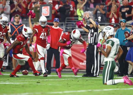 Oct 17, 2016; Glendale, AZ, USA; Arizona Cardinals safety D.J. Swearinger (36) celebrates after intercepting a pass against the New York Jets in the second half at University of Phoenix Stadium. Mandatory Credit: Mark J. Rebilas-USA TODAY Sports