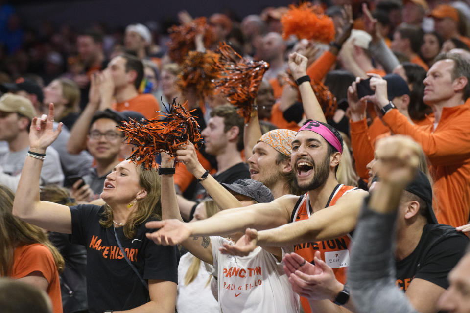 Princeton fans cheer during the second half of the team's second-round college basketball game against Missouri in the men's NCAA Tournament in Sacramento, Calif., Saturday, March 18, 2023. Princeton won 78-63. (AP Photo/Randall Benton)