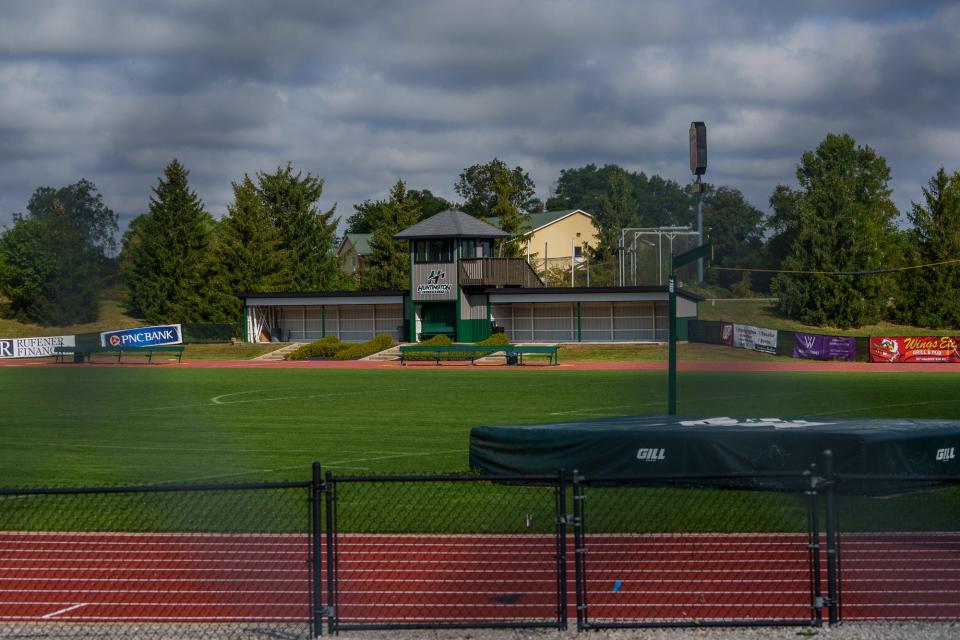 The track at Huntington University in Huntington, Ind. The successful distance running program at Huntington University has come under fire from former athletes.