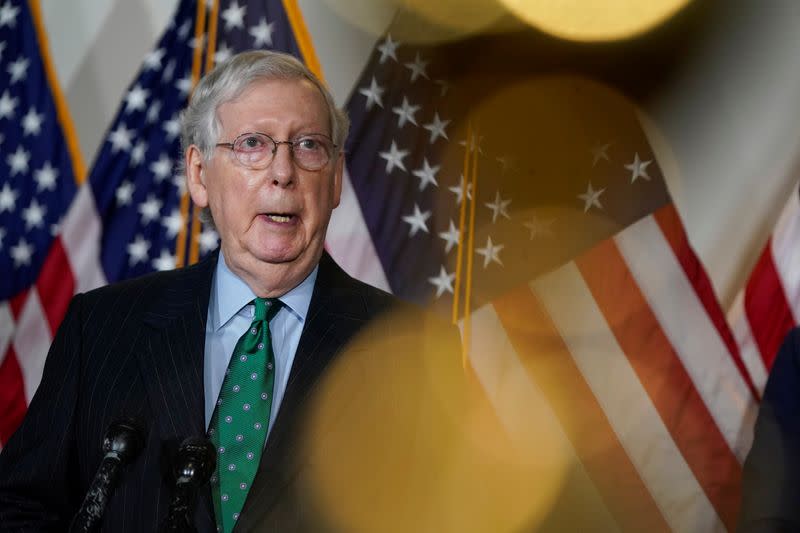 Senate Majority Leader Mitch McConnell (R-KY) speaks to journalists in Washington