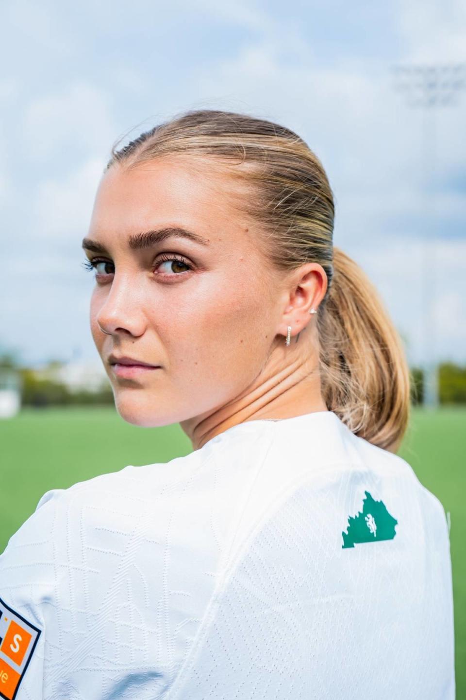 Lexington SC forward Hannah Richardson poses in the team’s away kit for the 2024-25 USL Super League season. Richardson previously played at the University of Kentucky, making 62 appearances and scoring 22 goals.