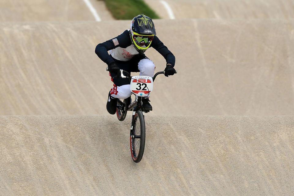 LONDON, ENGLAND - AUGUST 08: Brooke Crain of the United States competes during the Women's BMX Cycling on Day 12 of the London 2012 Olympic Games at BMX Track on August 8, 2012 in London, England. (Photo by Phil Walter/Getty Images)