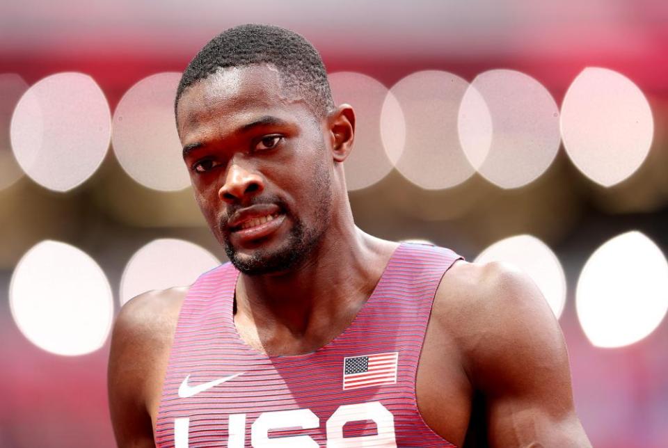 Rai Benjamin reacts after winning the 400m hurdles silver medal.