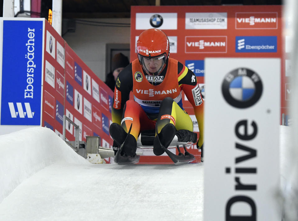 Natalie Geisenberger, of Germany, takes a training run for the luge World Cup on Friday, Dec. 14, 2018, in Lake Placid, N.Y. Competition begins on Saturday. (AP Photo/Hans Pennink)