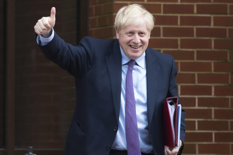 CARDIFF, WALES - JULY 30: UK Prime Minister Boris Johnson gives a thumbs up sign after meeting the First Minister of Wales Mark Drakeford in the National Assembly for Wales on July 30, 2019 in Cardiff, Wales. The PM is due to announce £300m of funding to help communities in Scotland, Wales and Northern Ireland. (Photo by Matthew Horwood/Getty Images)