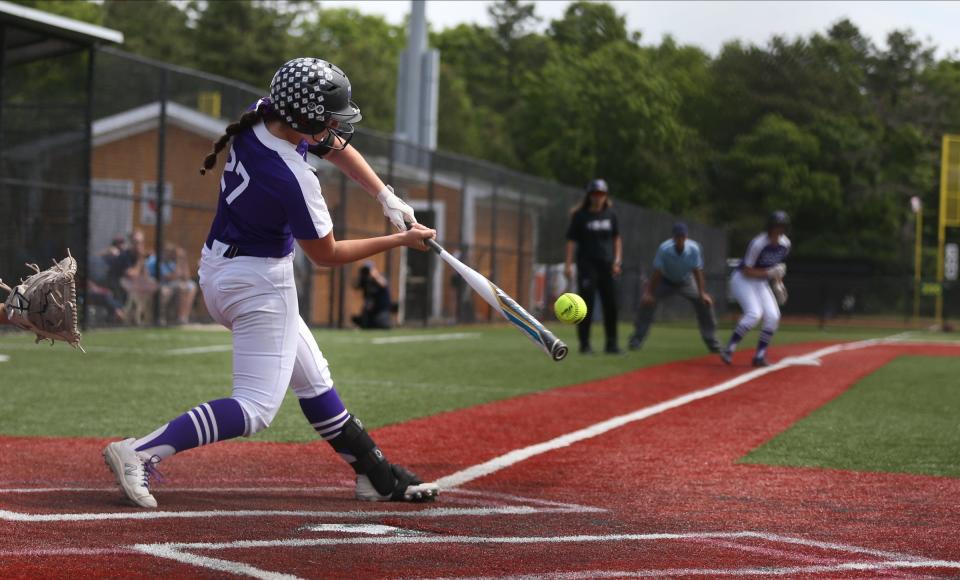 Monroe-Woodbury's Emma Lawson (27) connects with a pitch in the NYSPHSAA Class AA semifinal against Lancaster at Moriches Athletic Complex in Moriches on Saturday, June 11, 2022.   Monroe-Woodbury won 4-3.