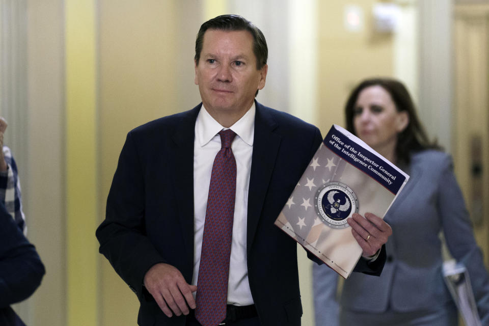 Michael Atkinson, the inspector general of the intelligence community, arrives at the Capitol where he will go behind closed doors to be questioned about the whistleblower complaint that exposed a July phone call the president had with Ukrainian President Volodymyr Zelenskiy in which Trump pressed for an investigation of Democratic political rival Joe Biden and his family, at the Capitol in Washington, Friday, Oct. 4, 2019. (AP Photo/J. Scott Applewhite)