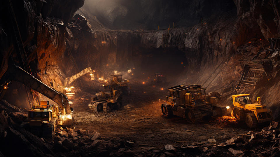 An underground mine filled with heavy machinery digging up valuable minerals.