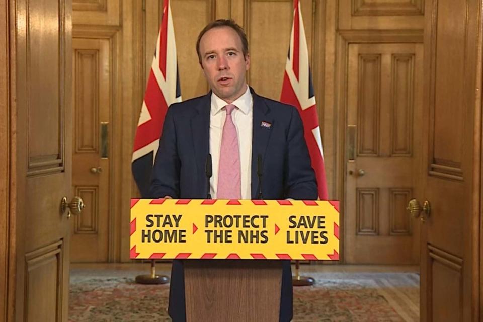 Health Secretary Matt Hancock speaking during a media briefing in Downing Street: PA