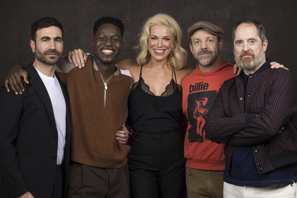 FILE - Brett Goldstein, from left, Toheeb Jimoh, Hannah Waddingham, Jason Sudeikis and Brendan Hunt, all members of the cast of "Ted Lasso," pose for a portrait at the Four Seasons Hotel in Los Angeles on March 6, 2023. (Photo by Willy Sanjuan/Invision/AP, File)