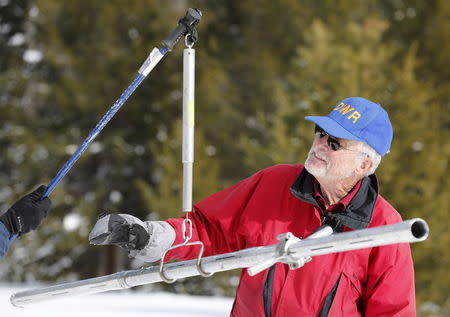Frank Gehrke, weighs a sample while taking a snowpack measurement during the first snow survey of winter conducted by the California Department of Water Resources in Phillips, California, December 30, 2015. REUTERS/Fred Greaves