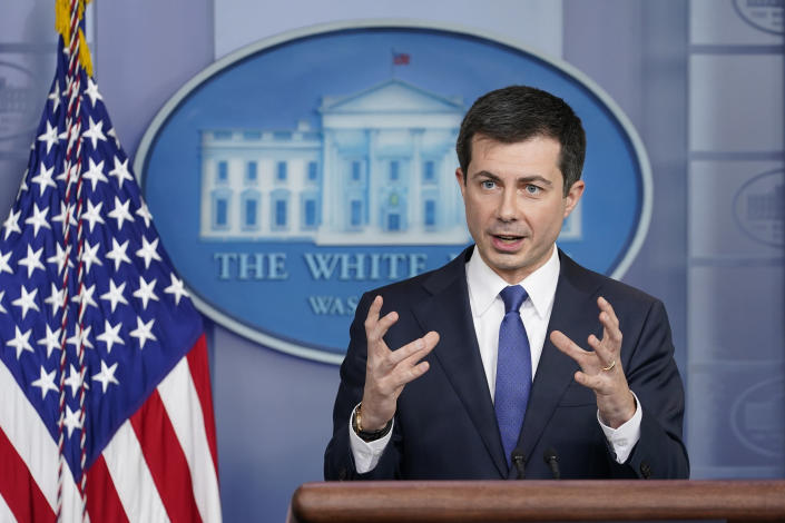 FILE - Transportation Secretary Pete Buttigieg speaks during the daily briefing at the White House in Washington, on Nov. 8, 2021. Buttigieg is vowing help to stem a rising U.S. epidemic of car fatalities with a broad-based government strategy aimed at limiting the speed of cars, redesigning roads to better protect bicyclists and pedestrians and boosting car safety features such as automatic emergency braking. Buttigieg indicated to The Associated Press that new federal data being released next week will show another spike in traffic fatalities through the third quarter of 2021. (AP Photo/Susan Walsh, File)
