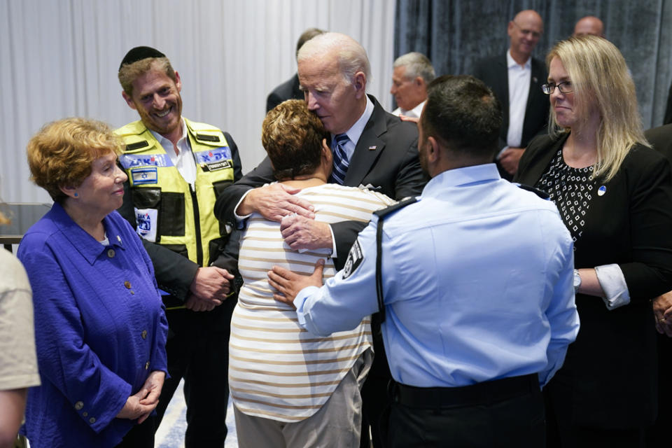 President Joe Biden meets with victims’ relatives and first responders who were directly affected by the Hamas attacks, Wednesday, Oct. 18, 2023, in Tel Aviv. (AP Photo/Evan Vucci)