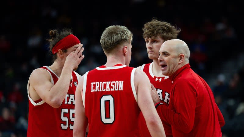 Utah coach Craig Smith talks to players during the game against Colorado in the quarterfinals of the 2024 Pac-12 tournament at the T-Mobile Arena in Las Vegas on Thursday, March 14, 2024. The Runnin' Utes face UC Irvine in a first-round NIT game Tuesday night in the the Huntsman Center.
