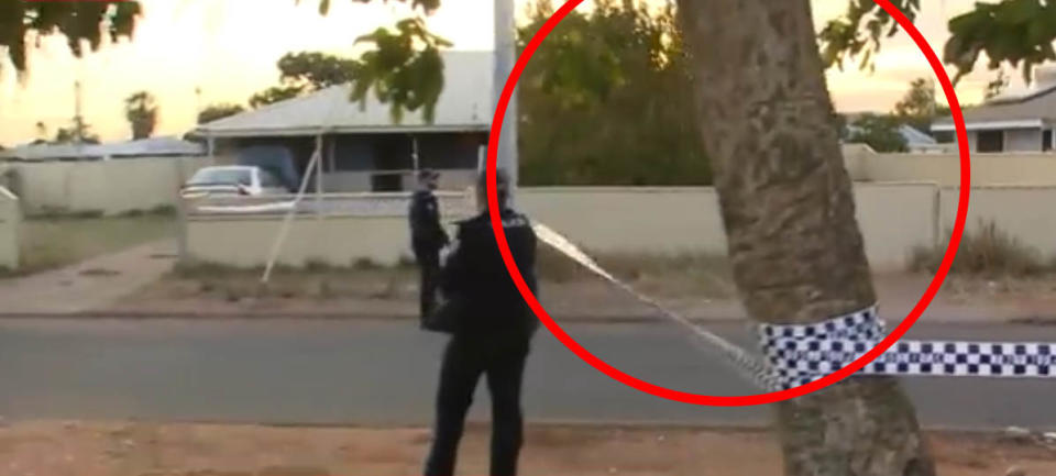 Police surround the home, a semi-detached dwelling (right) masked by a tree. Source: 7News