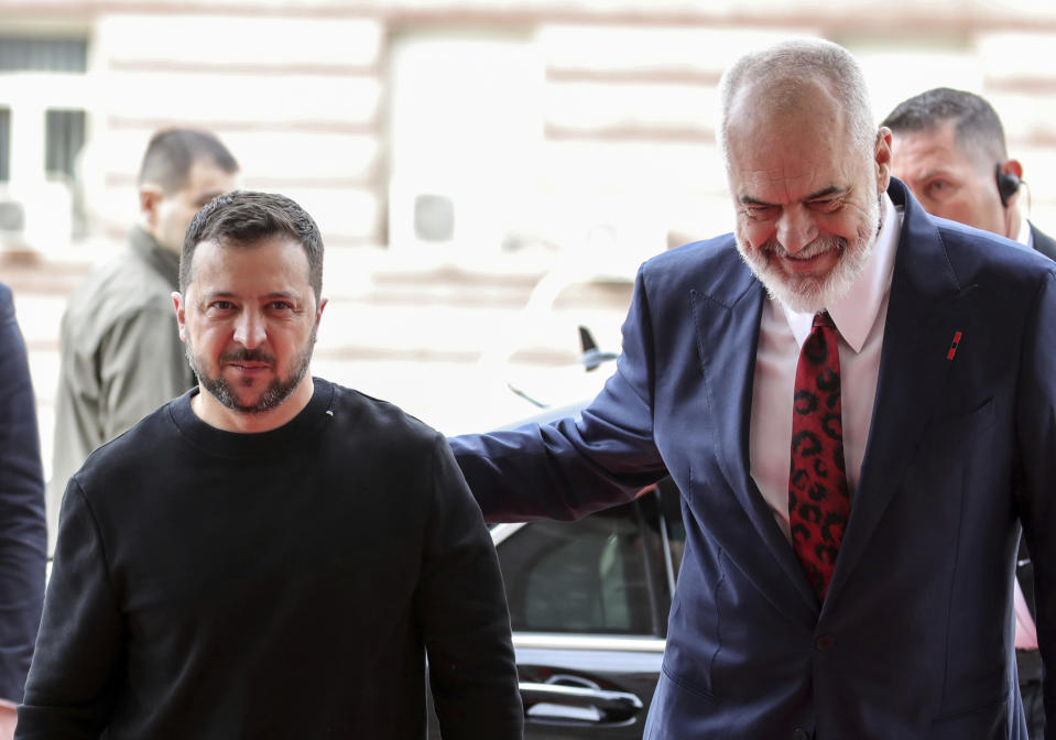 Albanian Prime Minister Edi Rama, right, welcomes Ukrainian President Volodymyr Zelenskyy before their meeting in Tirana, Albania, Wednesday, Feb. 28, 2024. Albania hosts on Thursday a summit of Southeastern European countries on peace, security and cooperation, focused on the war in Ukraine. (AP Photo/Armando Babani)