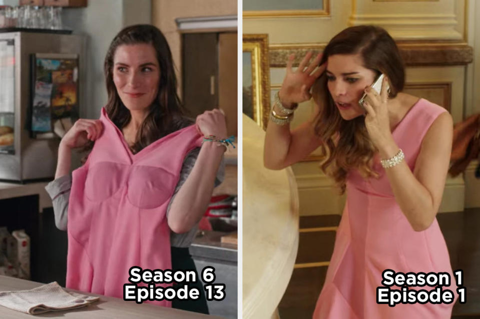Twyla holding a pink dress and Alexis wearing the same dress in the pilot episode