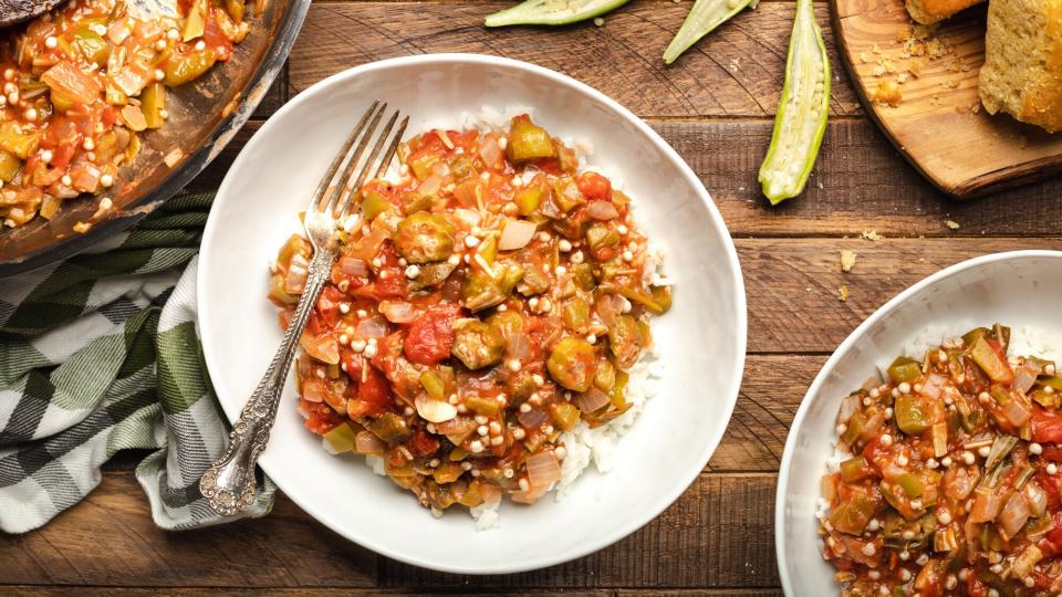 Classic Okra and Tomatoes in bowls overhead