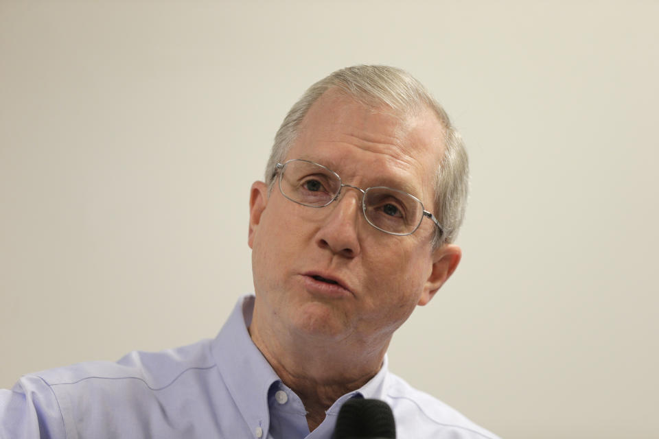 FILE - In a Sept. 21, 2016 file photo, Kevin Marsh, CEO of SCANA Corp., speaks to the media at the V.C. Summer Nuclear Station near Jenkinsville, S.C. Marsh and prosecutors have agreed to ask for a two-year prison sentence on federal and state charges he lied about the progress of two nuclear plants that were never finished. A judge will sentence Marsh Thursday, Oct. 7, 2021. (AP Photo/Chuck Burton, File)