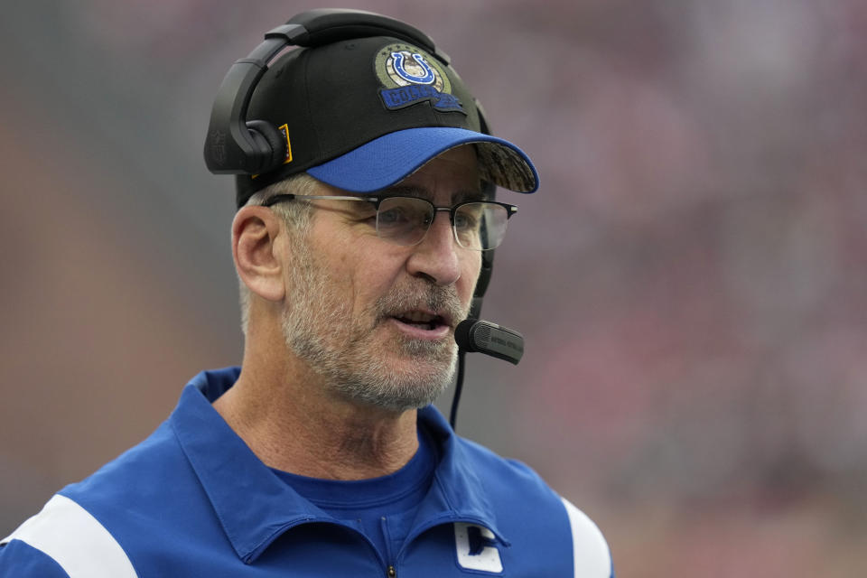 Indianapolis Colts head coach Frank Reich stands on the sideline in the first half of an NFL football game against the New England Patriots, Sunday, Nov. 6, 2022, in Foxborough, Mass. (AP Photo/Charles Krupa)