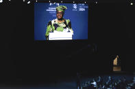 World Trade Organization Director-General Ngozi Okonjo-Iweala speaks at a WTO summit in Abu Dhabi, United Arab Emirates, Monday, Feb. 26, 2024. The World Trade Organization opened its biennial meeting Monday in the United Arab Emirates as the bloc faces pressure from the United States and other nations ahead of a year of consequential elections around the globe. (AP Photo/Jon Gambrell)