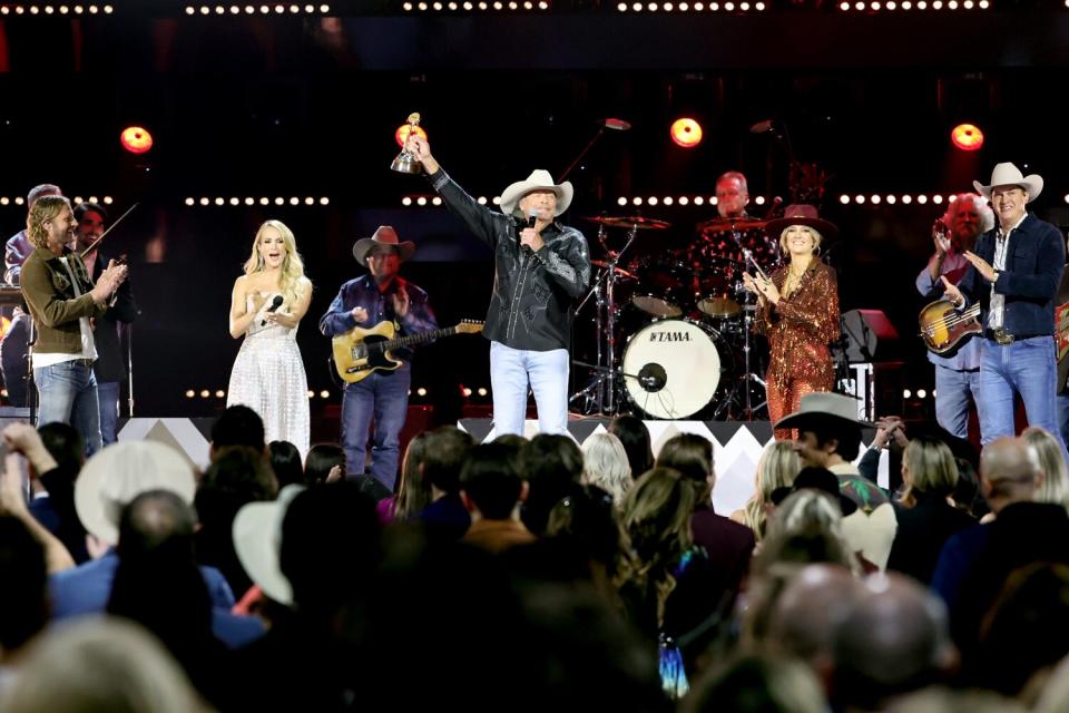 Dierks Bentley, Carrie Underwood, Alan Jackson, recipient of the Willie Nelson Lifetime Achievement Award, Lainey Wilson and Jon Pardi spe onstage at The 56th Annual CMA Awards