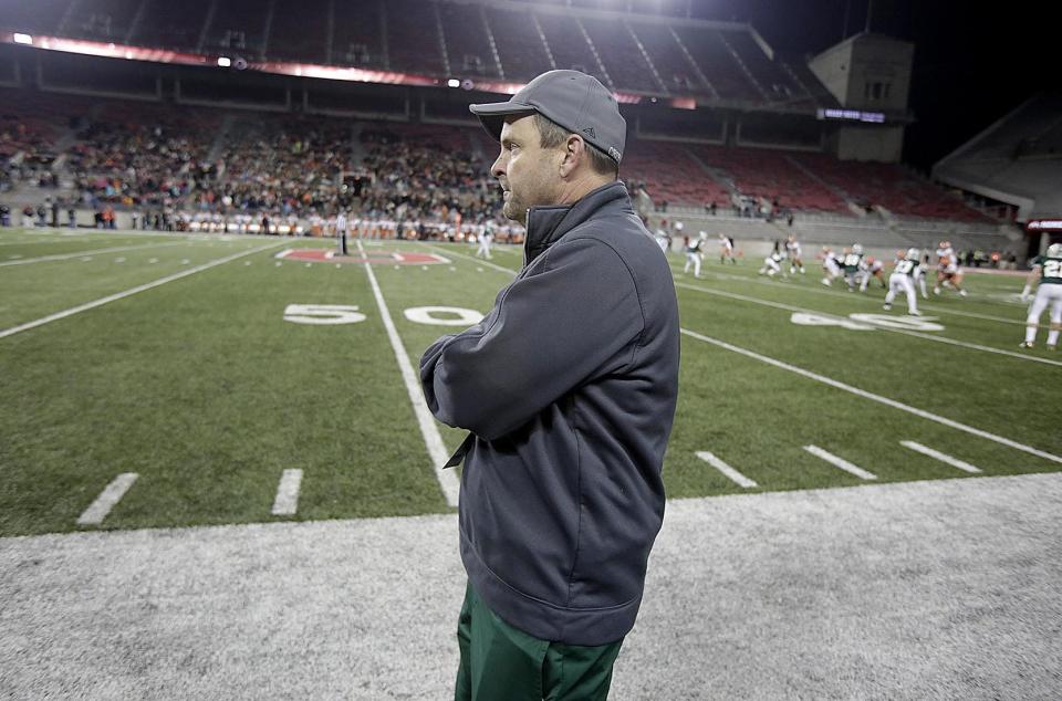 Central Catholic head coach Jeff Lindesmith looks out on the field at Ohio Stadium in the last minutes of a Division V state championship game vs. Coldwater.