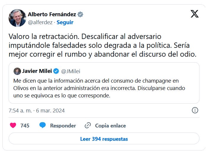 El mensaje de Alberto Fernández tras las disculpas de Milei