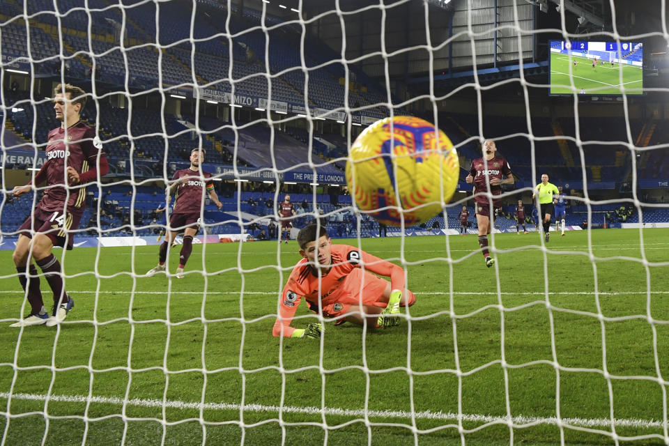 Leeds United's goalkeeper Illan Meslier watches the ball after Chelsea's Christian Pulisic scored his side's third goal during the English Premier League soccer match between between Chelsea and Leeds United at Stamford Bridge in London, England, Saturday, Dec. 5, 2020. (Mike Hewitt, Pool via AP)