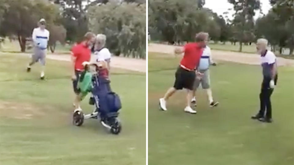 A 50-50 image shows the confrontation between to players on a Melbourne golf course last weekend.