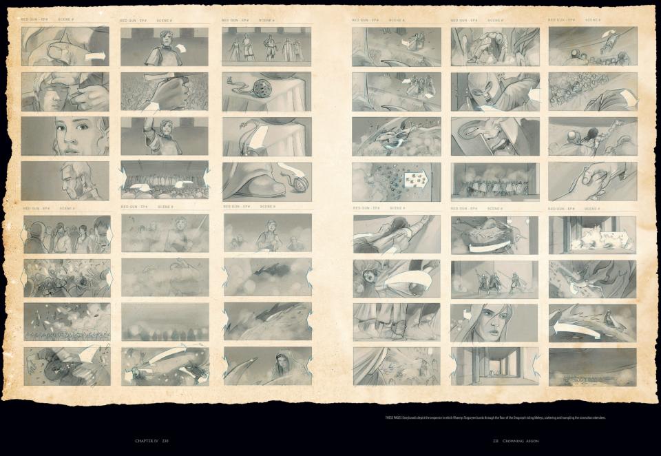 A two-page spread of a book about the television show "House of the Dragon" that shows storyboards of King Aegon's coronation.