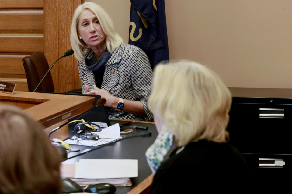 Kansas state Sen. Renee Erickson, R-Wichita, answers a question as a Senate committee debates her proposal to bar transgender students from girls' and women's school sports, Tuesday, March 16, 2021, at the Statehouse in Topeka, Kan. Erickson is a former college basketball player and says her bill will promote fair competition. (AP Photo/John Hanna)