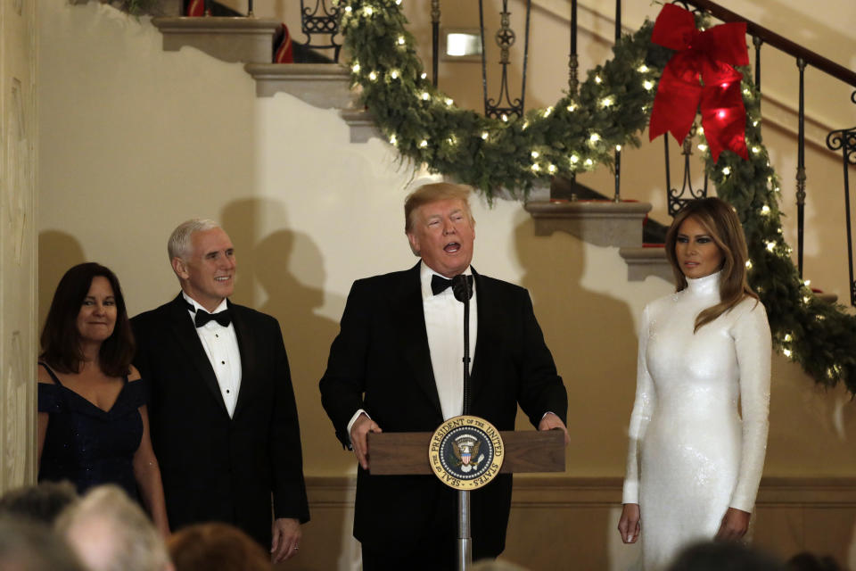 President Trump speaks while first lady Melania Trump and Vice President Mike Pence and his wife, Karen Pence, look on at the White House Congressional Ball on Dec. 15, 2018. (Photo: Yuri Gripas-Pool/Getty Images)