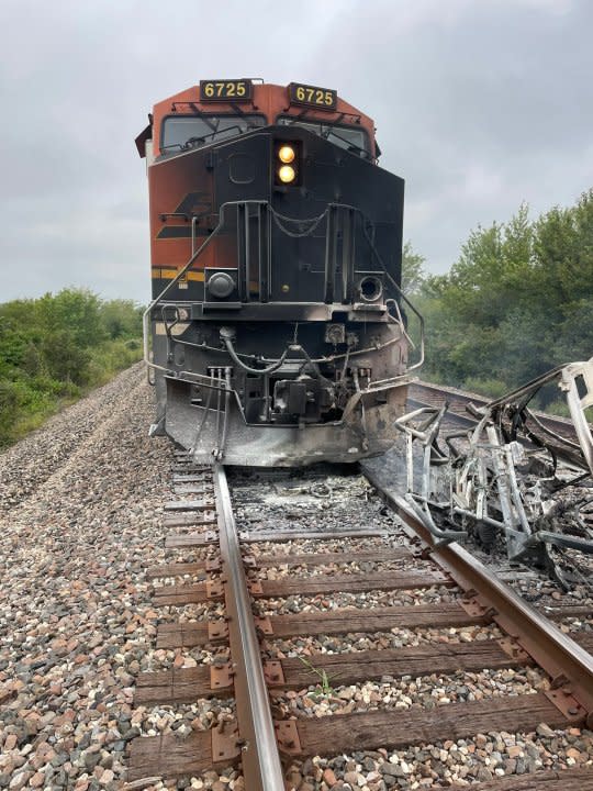 A BNSF Railway train hit an ATV that was stuck on the tracks Monday near Mendon, Missouri, officials say. (Photo via MSHP)