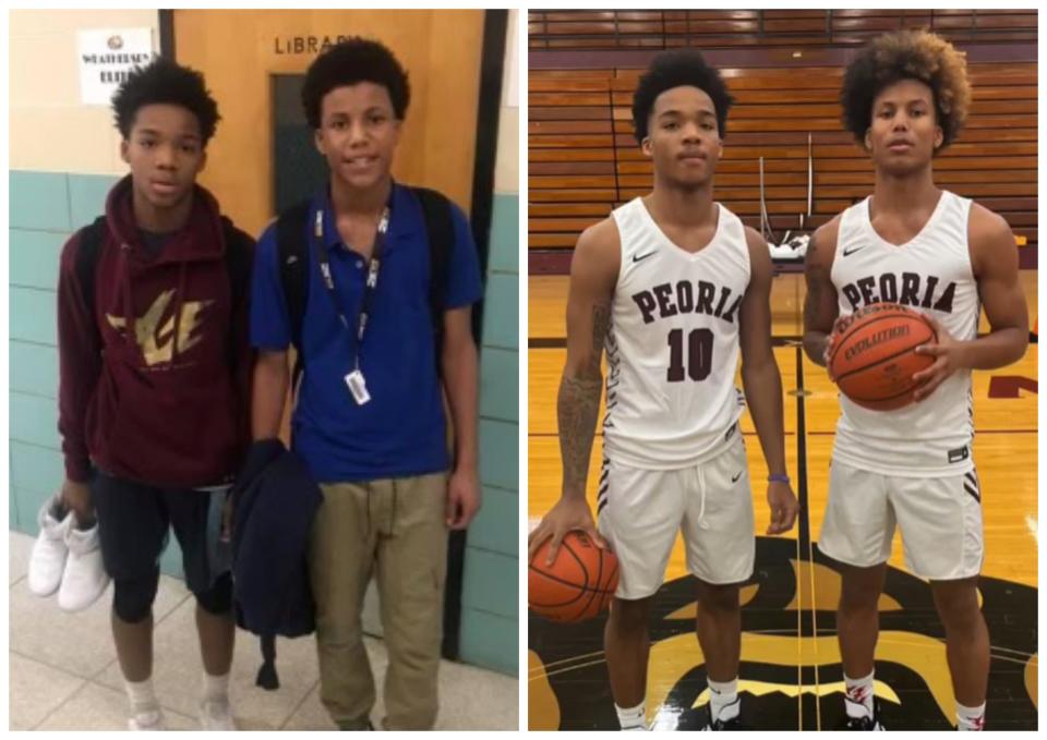 These provided pictures show MikeQuese Taylor, left in each photo, and De'Kwon Brown when they were younger and when they were playing for Peoria High.