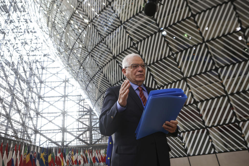 European Union foreign policy chief Josep Borrell speaks to the media prior to a meeting of the European Foreign Affairs Ministers, at the European Council headquarters in Brussels, Monday, March 22, 2021. (Aris Oikonomou, Pool Photo via AP)