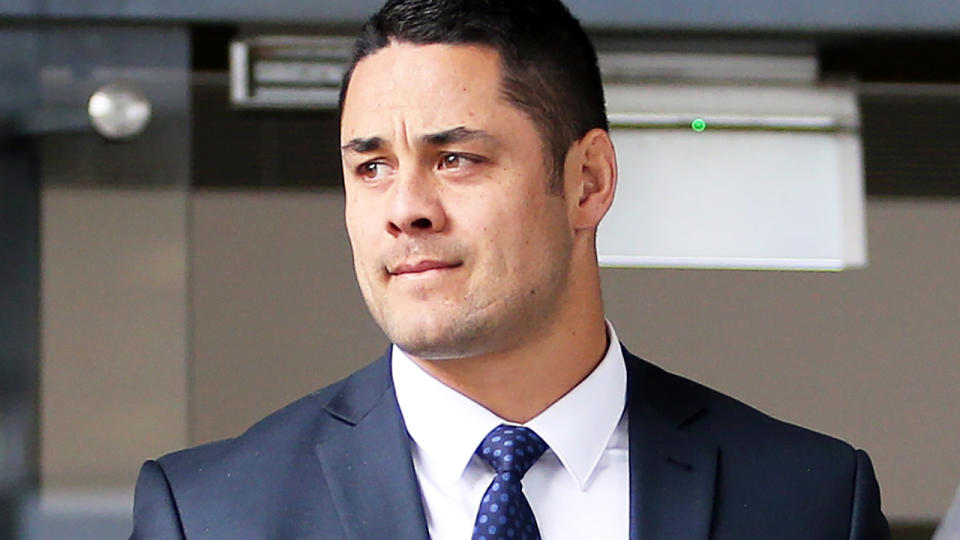 Jarryd Hayne, pictured here leaving Newcastle Local Court in 2019.