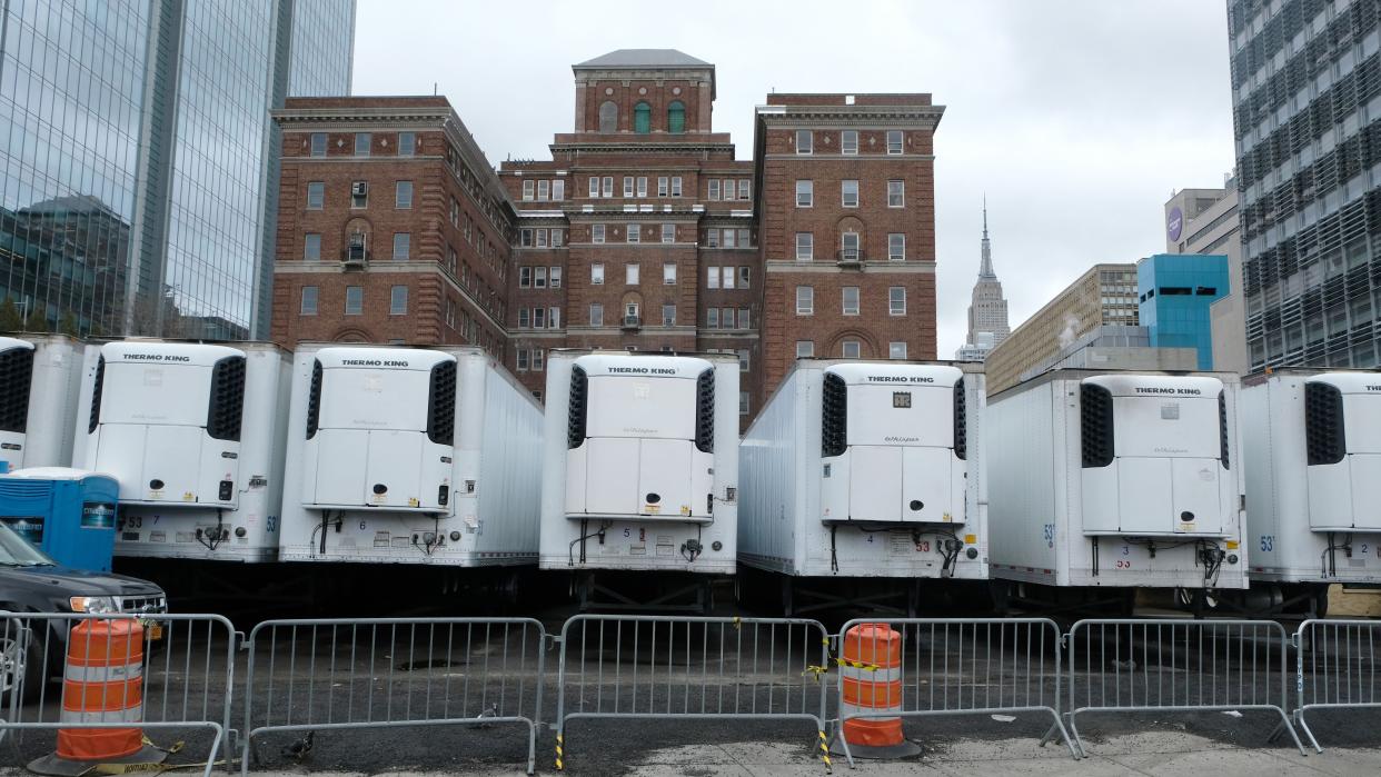 Working refrigerated trucks were seen parked outside a makeshift morgue outside Bellevue Hospital in Manhattan in March 2020 to deal with the surge of coronavirus victims,