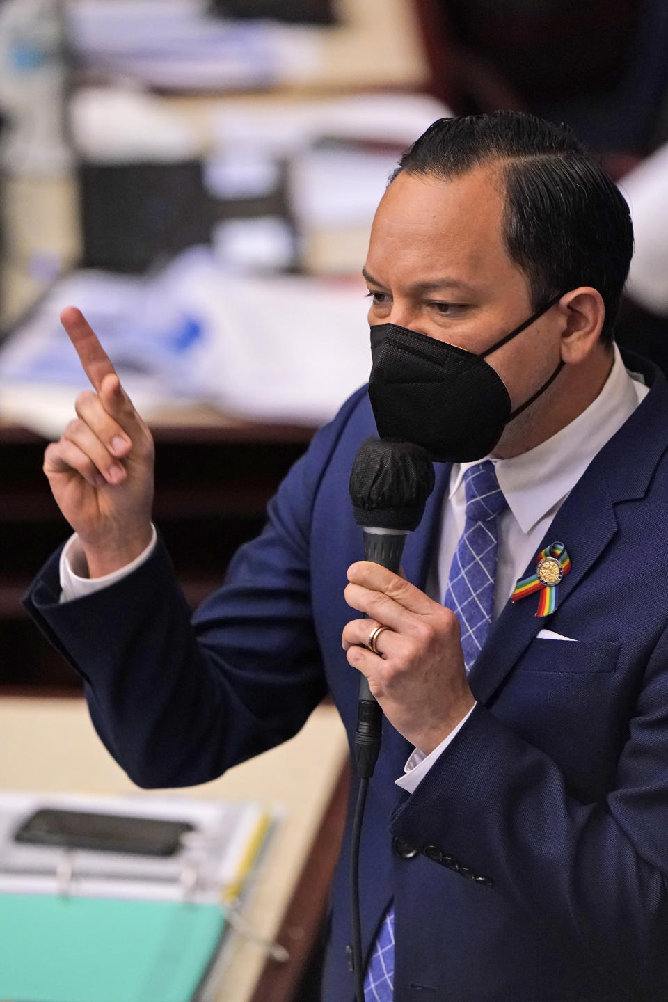 Florida Rep. Carlos Guillermo Smith proposes an amendment during a legislative session, Wednesday, April 28, 2021, at the Capitol in Tallahassee, Fla. (AP Photo/Wilfredo Lee)