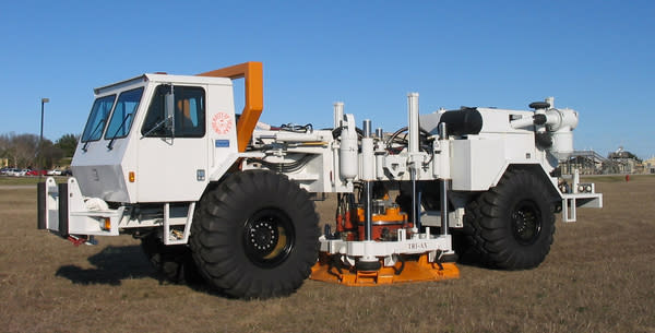 T-REX, a shaker truck that produces seismic waves, will help engineers test soils in Christchurch, New Zealand, for liquefaction.