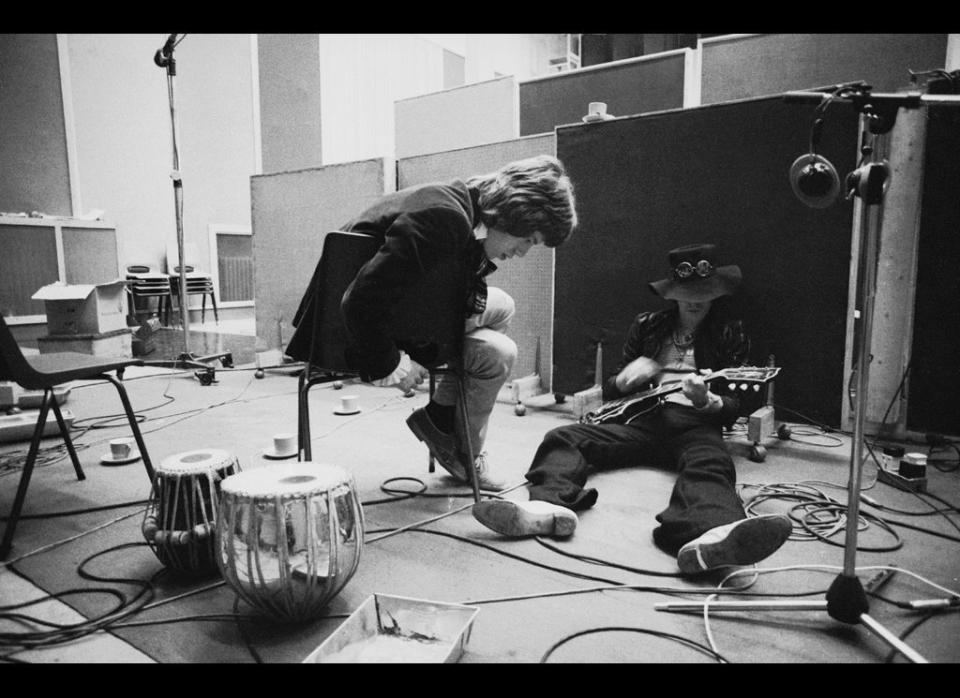 Mick Jagger and Keith Richards in the recording studio in 1967.