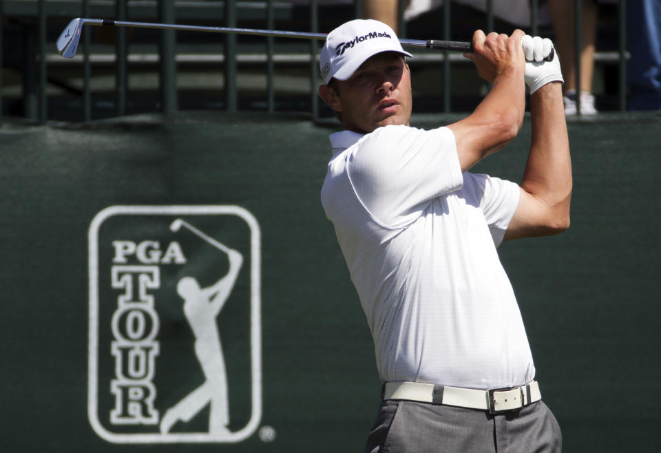 Shawn Stefani tees off on the first hole during the second round of the Houston Open golf tournament, Friday, April 4, 2014, in Humble, Texas. (AP Photo/Patric Schneider)